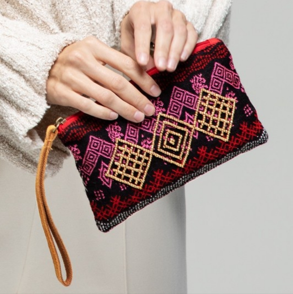 Handmade Hand Beaded Wristlet Clutch - Ethnic Inspired Design - Dyed Fine Cotton